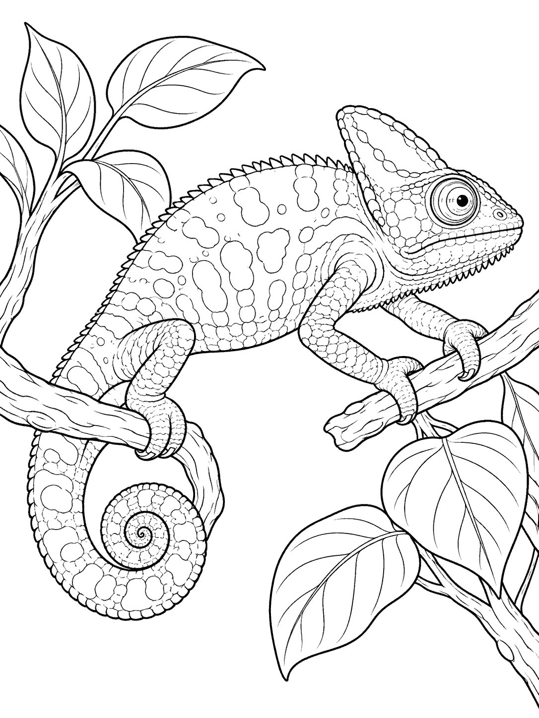 Detailed black line art of a chameleon gripping a branch with all four feet, its tail curled beneath it and large leaves nearby.