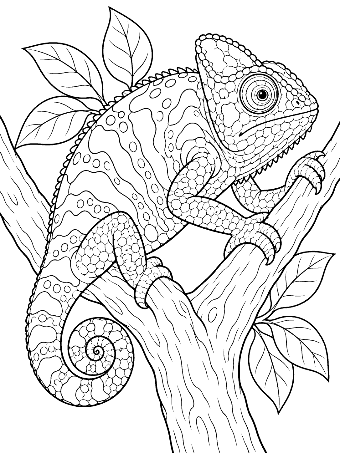 A detailed chameleon with a curled tail and gripping feet resting between sturdy tree branches, with leaves behind it.