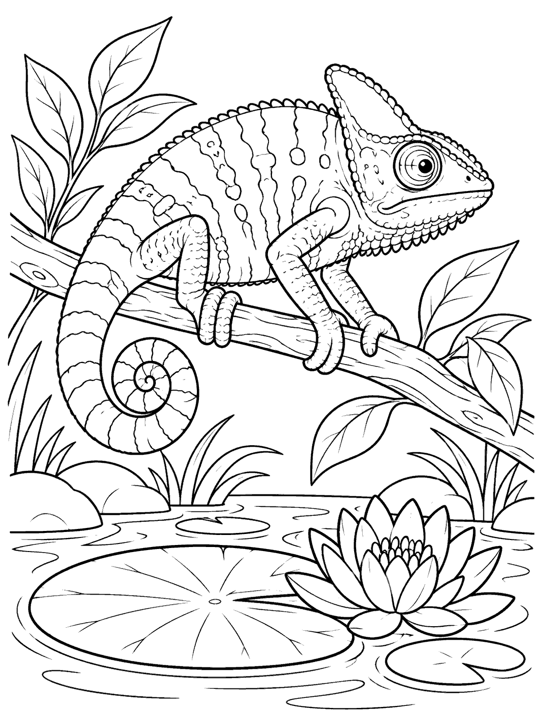 Detailed black outline of a curled-tail chameleon gripping a branch above a pond with a large lily pad and blooming water lily.