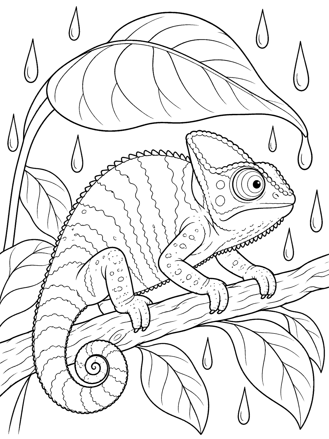 A large-eyed chameleon with a curled tail grips a branch beneath oversized leaves as raindrops fall around it.