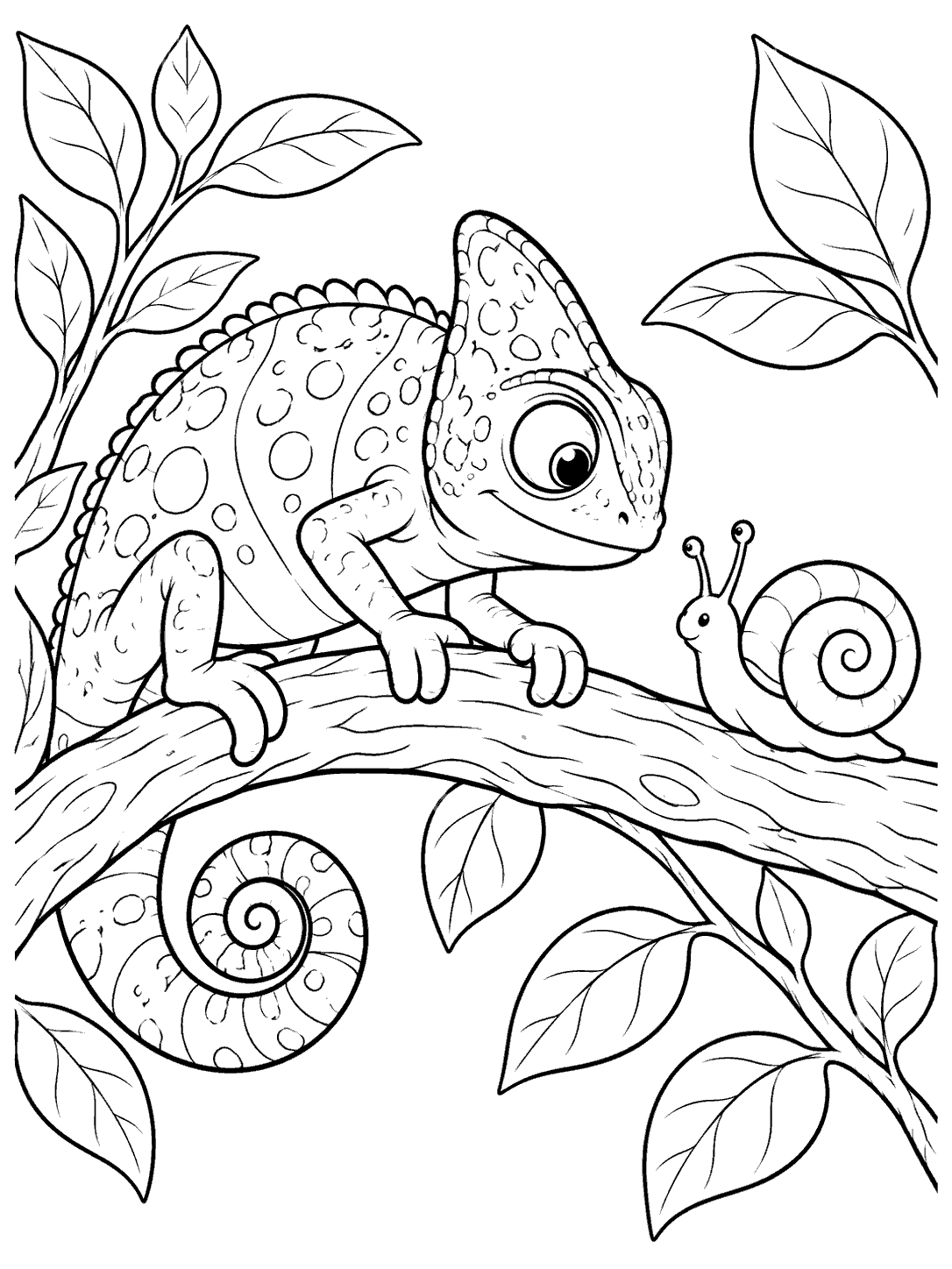 A spotted chameleon with a curled tail looks toward a snail with a coiled shell on the same branch, surrounded by leaves.