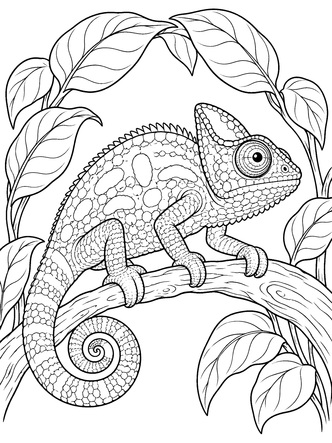 Black-and-white chameleon with turret eyes, curled tail, and four gripping feet on a curved branch framed by broad leaves.