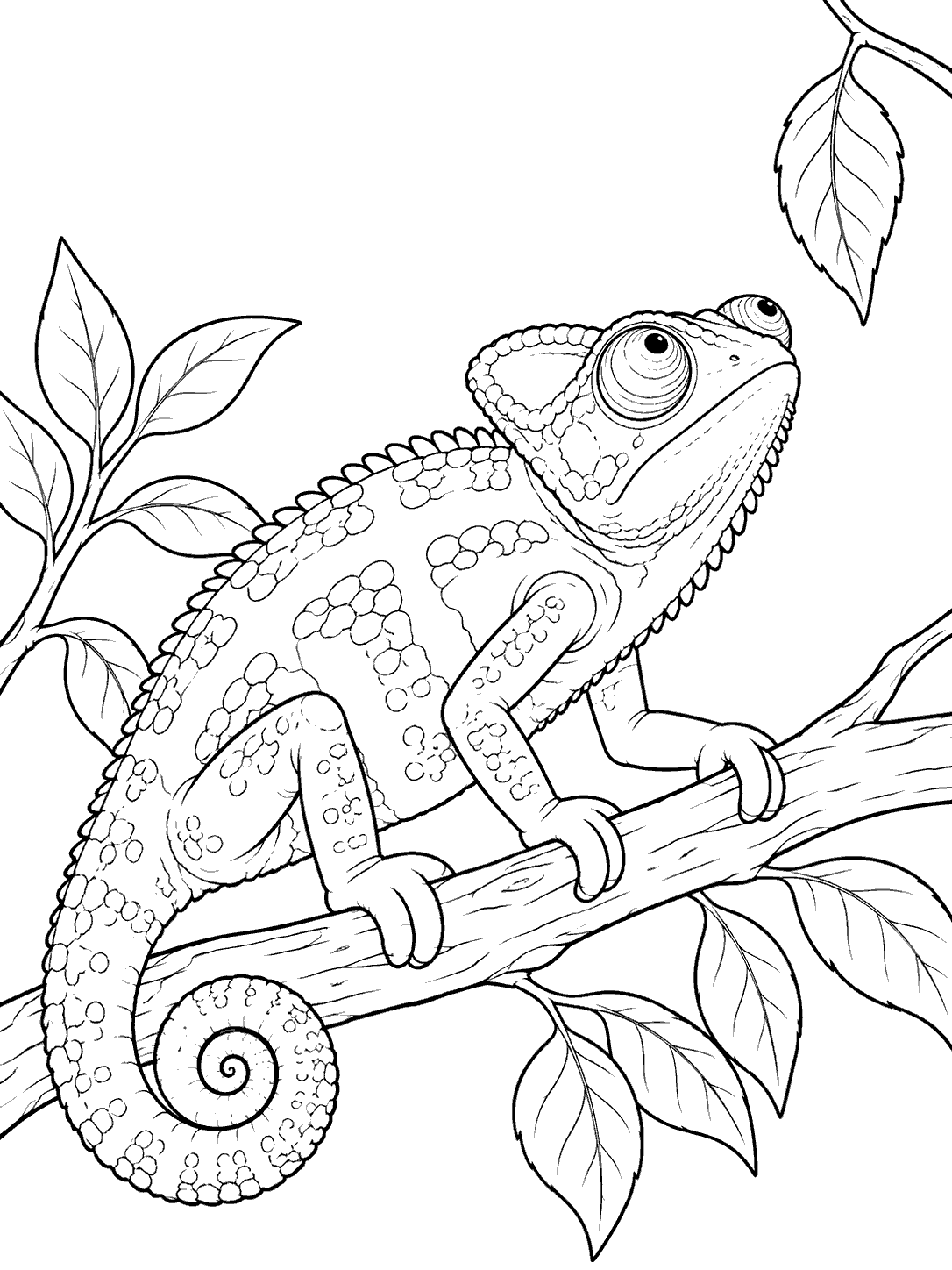 Chameleon with independently oriented eyes and a curled tail looking up at a dangling leaf