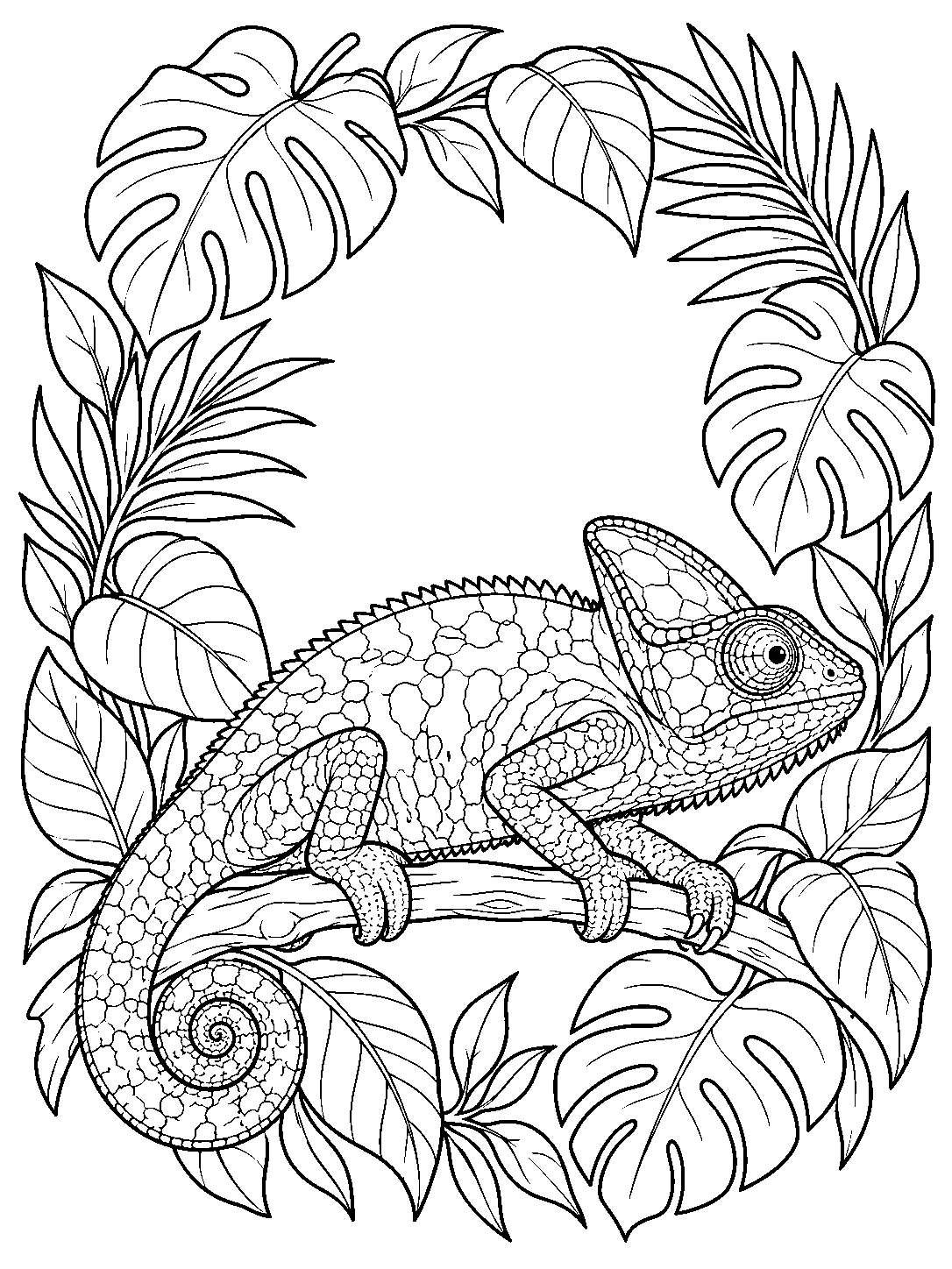 Detailed chameleon with a curled tail and gripping feet, perched on a branch within a wreath of tropical leaves.