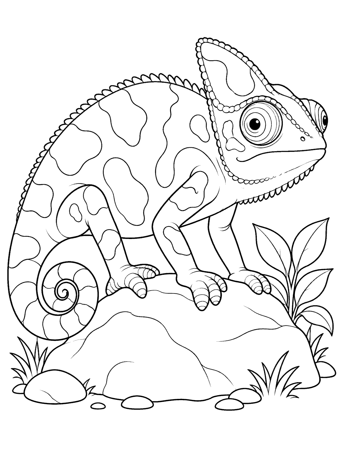 Black-and-white chameleon coloring page showing a curled-tail chameleon with large open markings standing on a rock beside leafy plants.