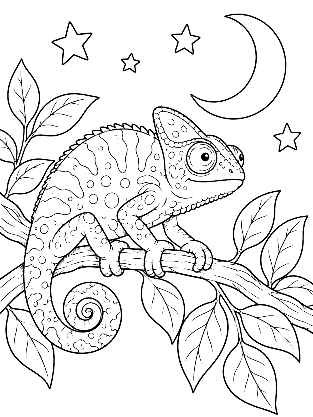 A curled-tail chameleon perched on a leafy branch beneath a crescent moon and four stars, drawn in black outlines for coloring.