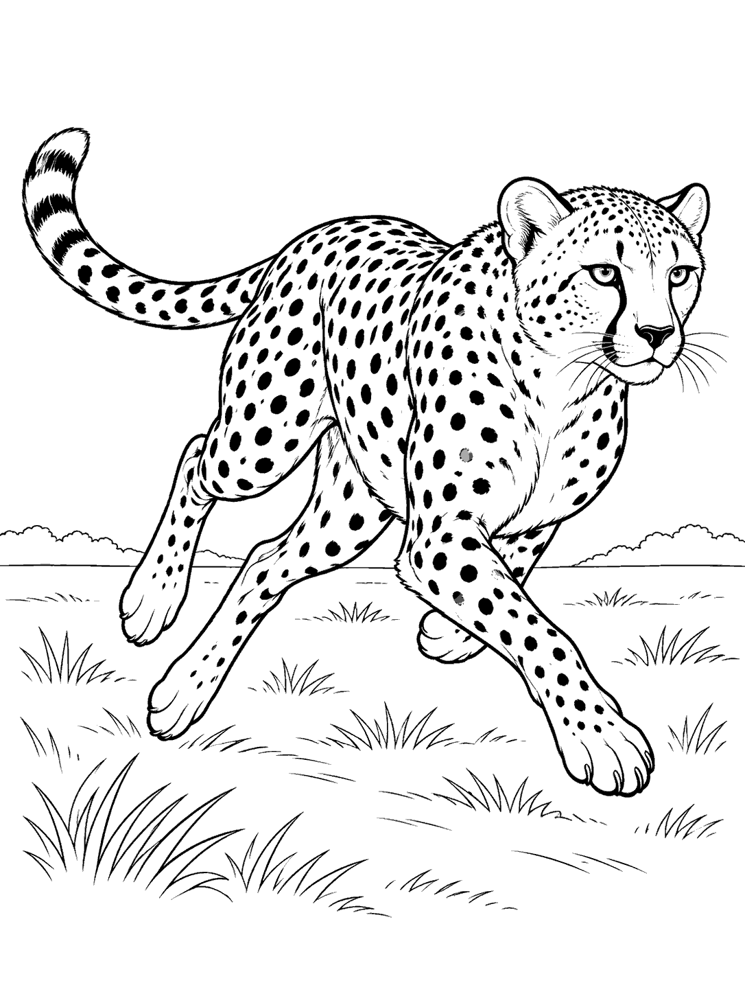 Black-and-white coloring page showing a spotted cheetah sprinting across sparse grass, with its tail raised and all four paws visible.