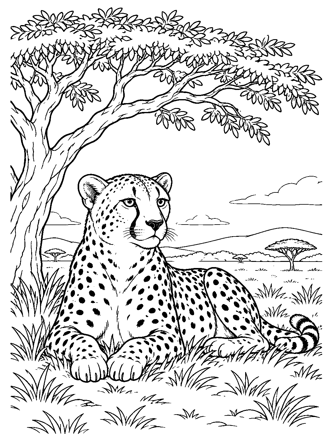 Resting cheetah beneath an acacia tree coloring page