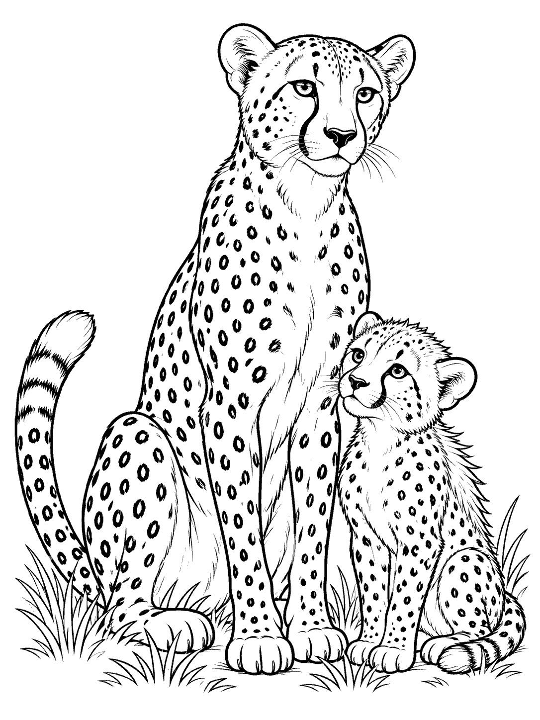 Adult cheetah sitting beside a cub coloring page