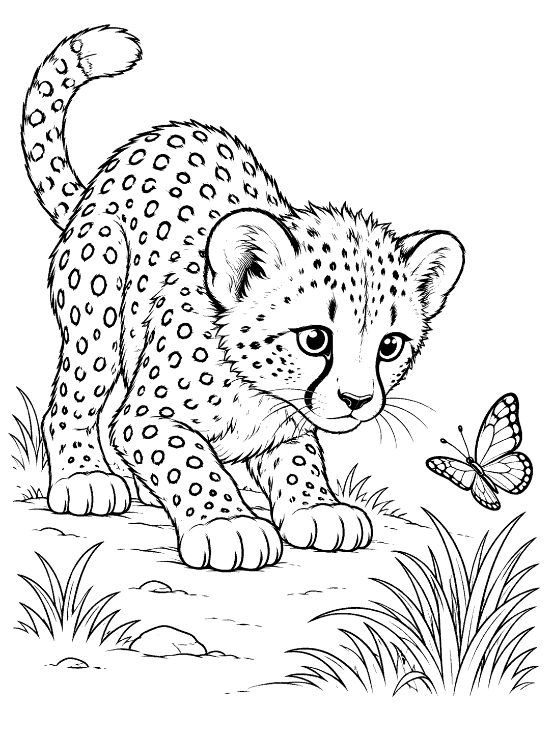 Black-and-white coloring page of a spotted cheetah cub crouching and watching a butterfly among grass tufts.