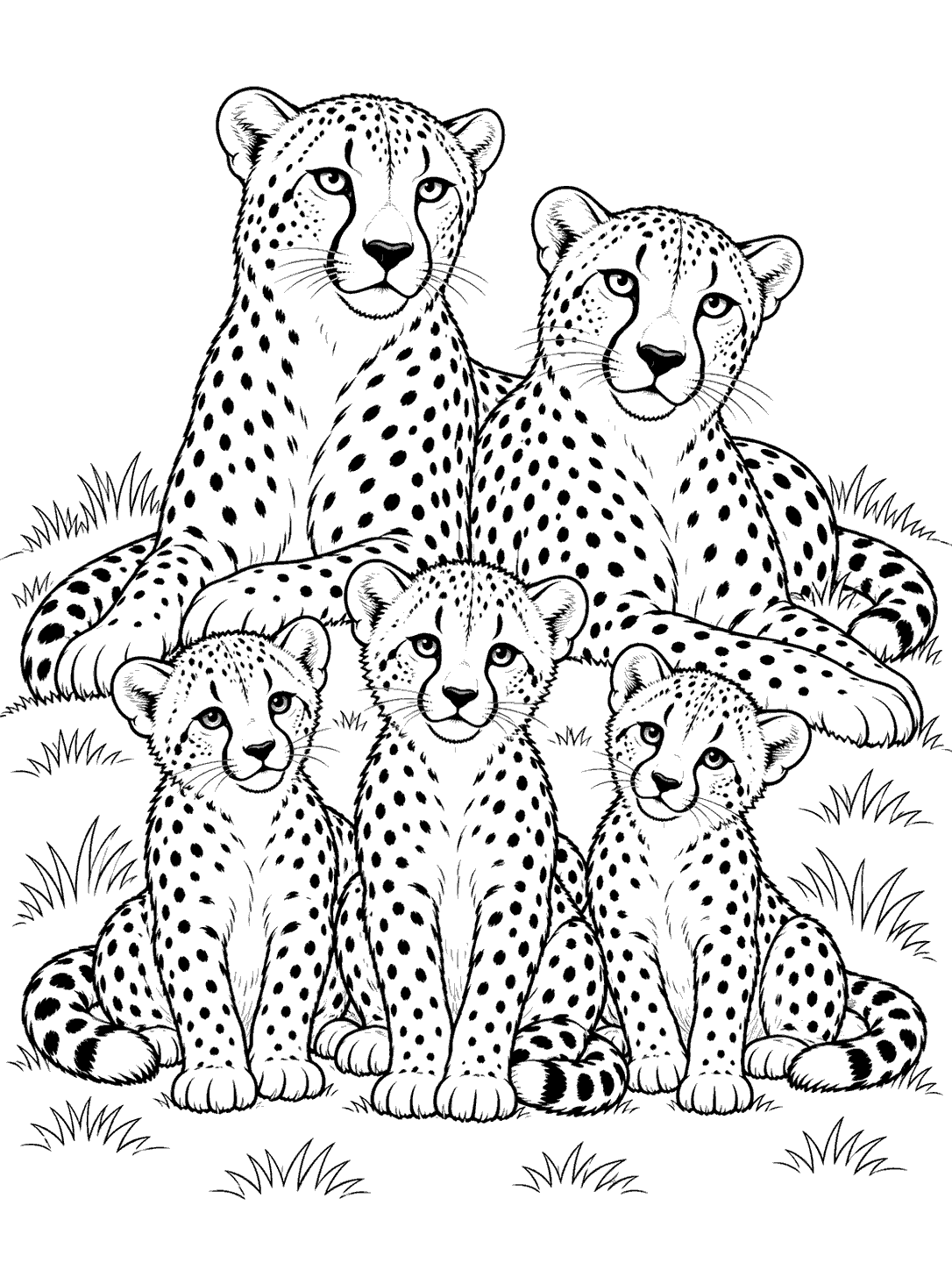 Cheetah family coloring page with two adults resting behind three seated cubs