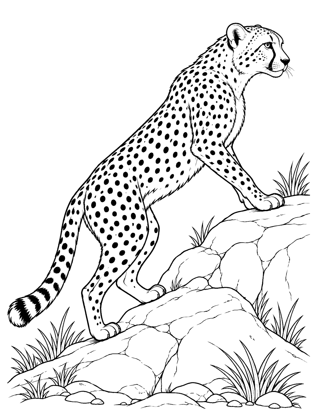 A spotted cheetah climbs a rocky rise, with its front paws on the upper ledge and its tail and hind legs visible.