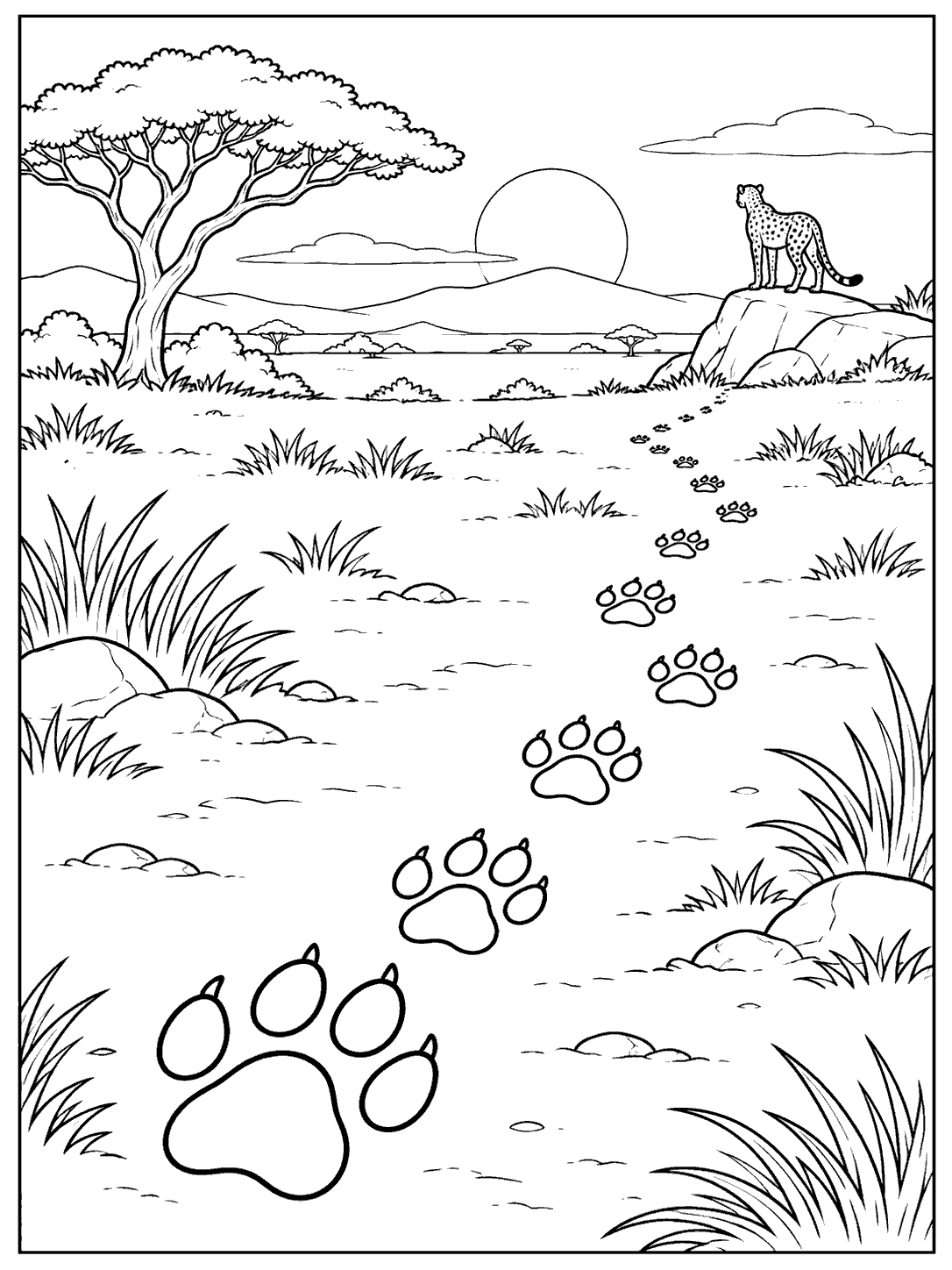 Large feline paw prints winding across a savanna toward a cheetah on a rocky rise, black-and-white coloring page