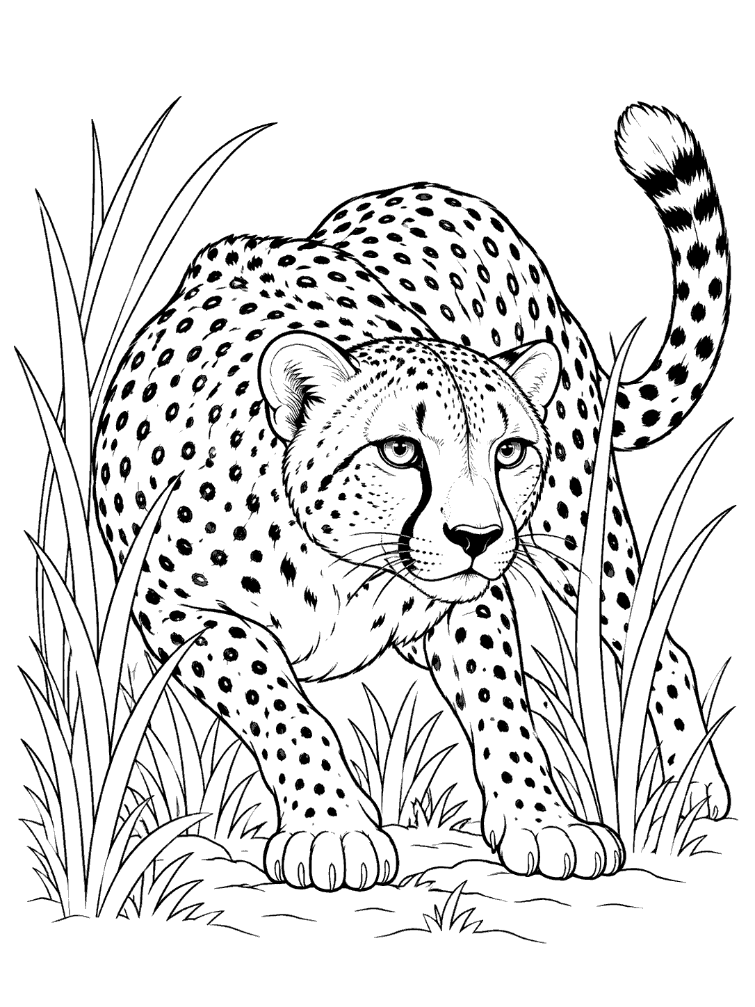Crouching cheetah with a spotted coat, framed by tall grass on a coloring page