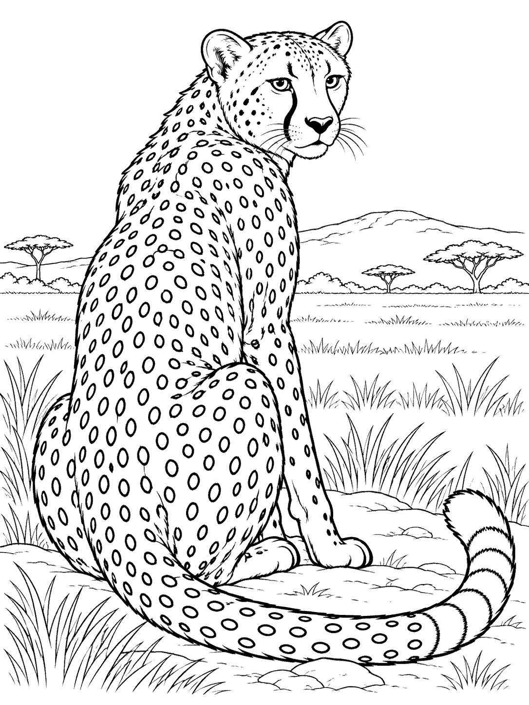 Seated cheetah looking across grassland coloring page