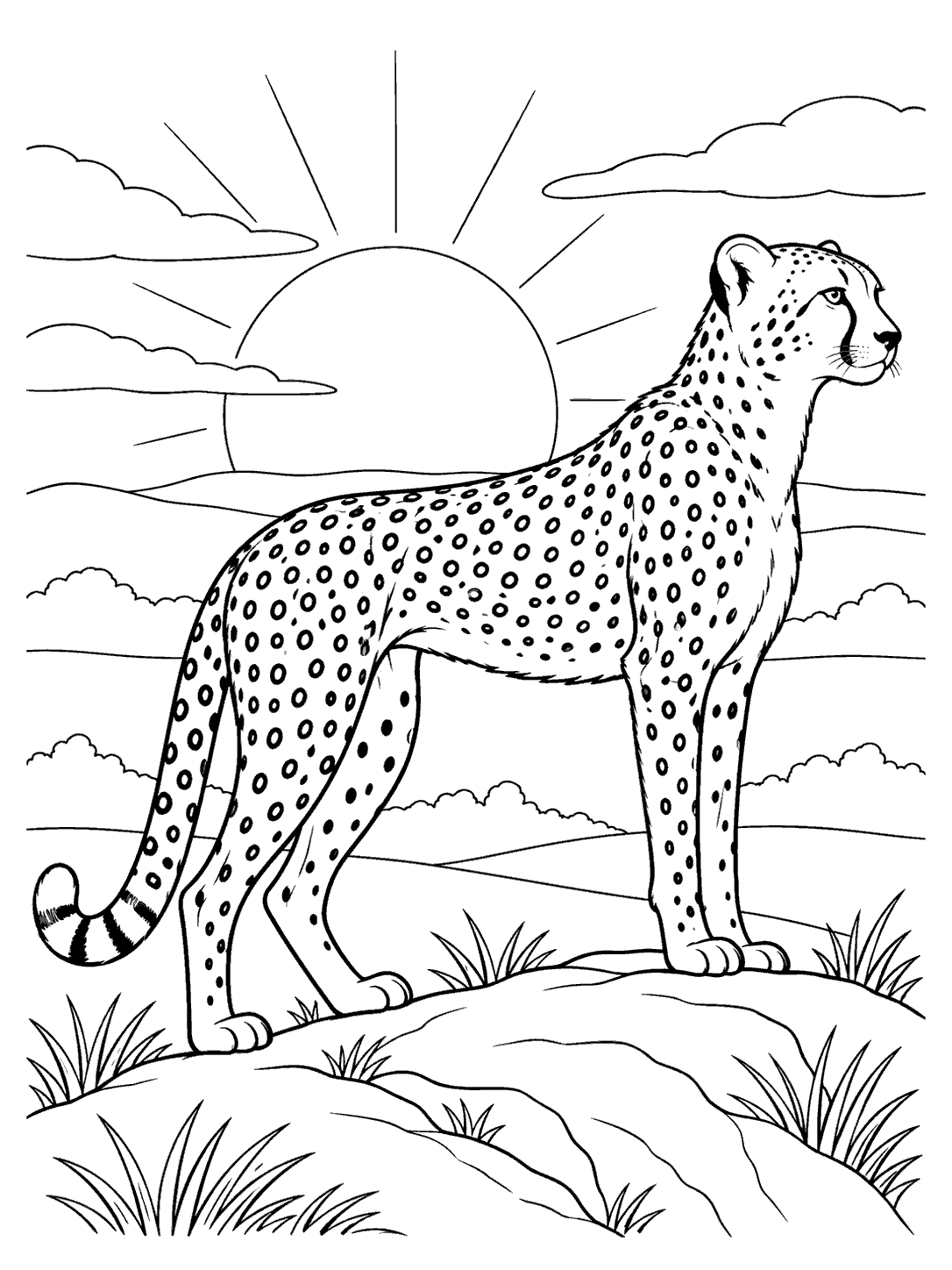 Black-and-white coloring page of a spotted cheetah on a grassy ridge at sunrise, with clouds and an open outline sun.