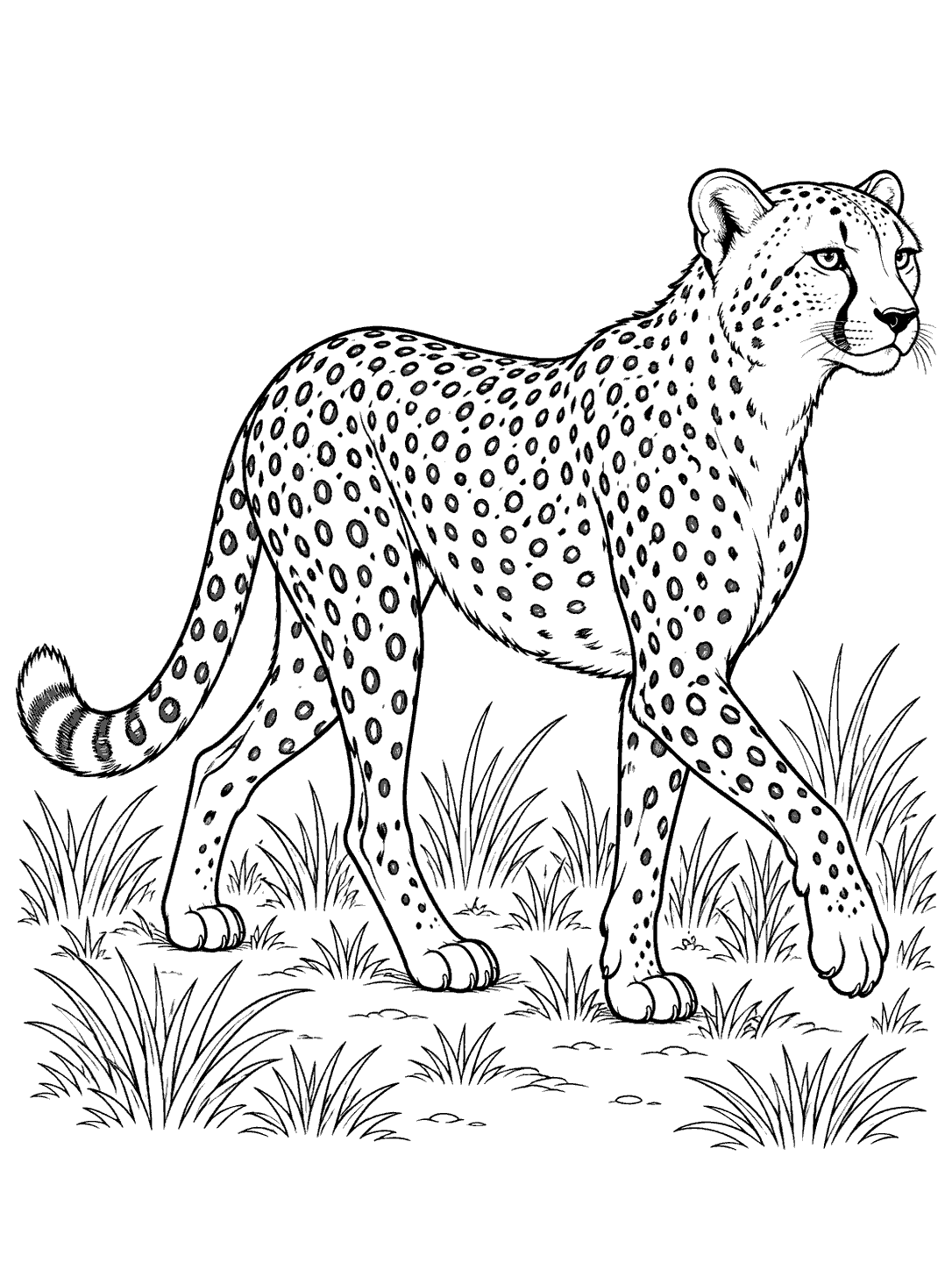 Full-body cheetah walking through low grass in a black-and-white coloring page