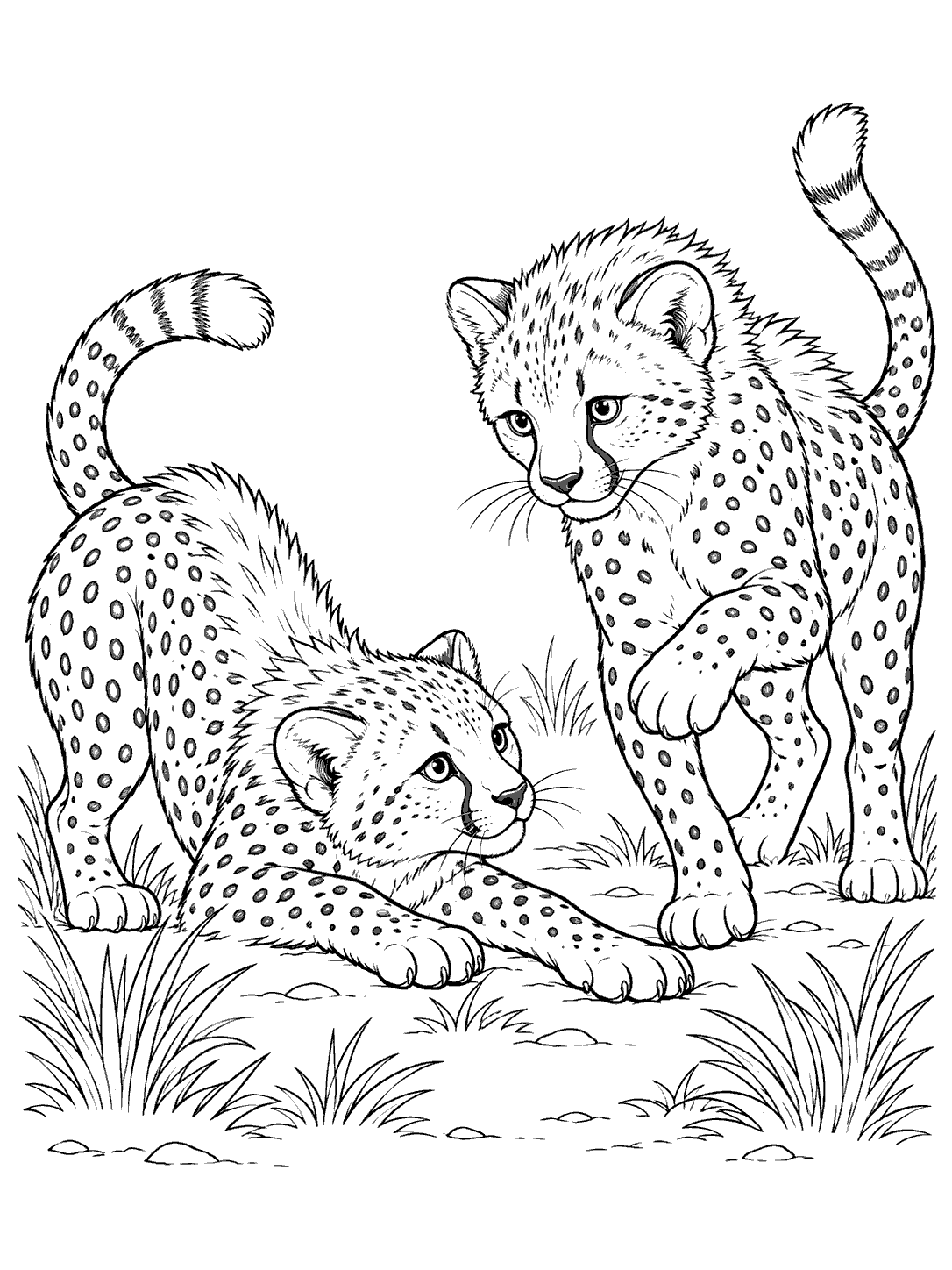 Two spotted cheetah cubs, one crouching and one reaching forward with a paw, in a black-and-white coloring page.