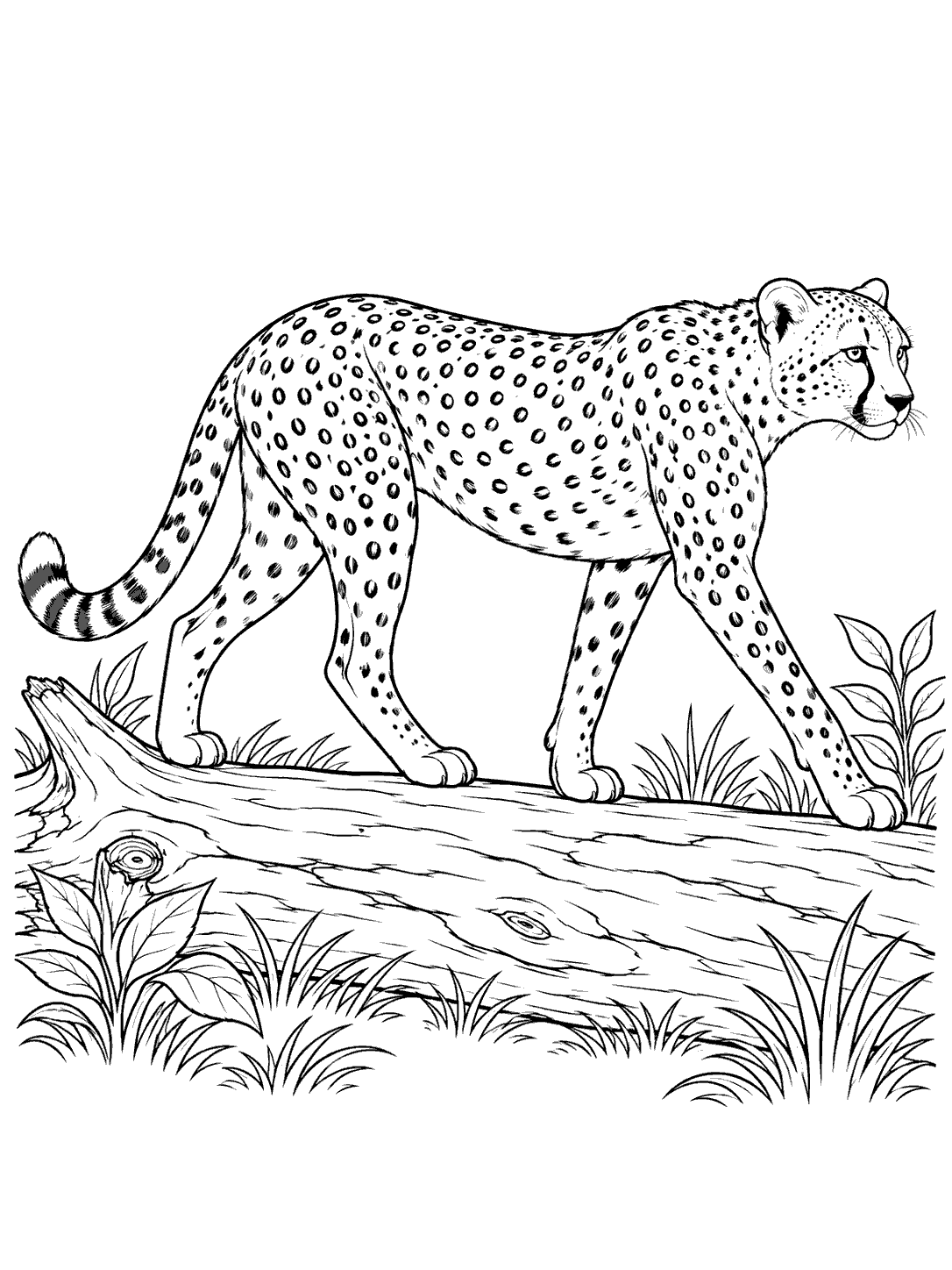 Cheetah walking along a fallen log coloring page