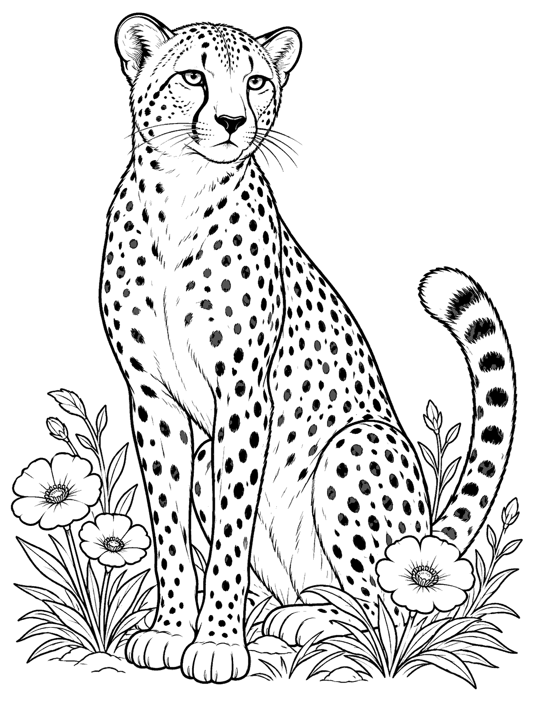 Portrait coloring page of a spotted cheetah seated among wildflowers, with its paws, face, body, and tail visible.