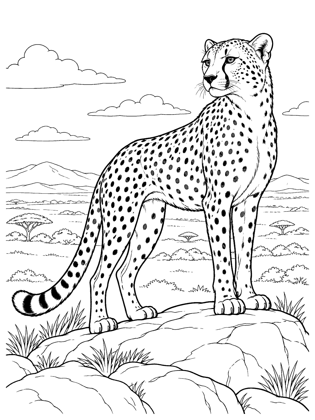 Spotted cheetah standing on a rocky overlook with distant hills and open grassland in a coloring page.