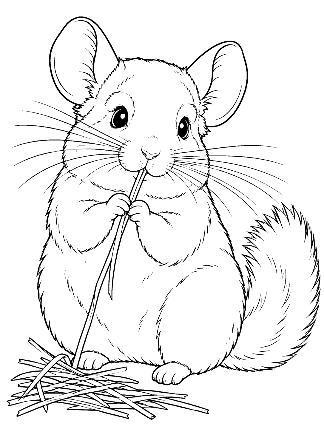 Upright chinchilla nibbling a long piece of hay above a small hay pile, in black-and-white coloring page line art.