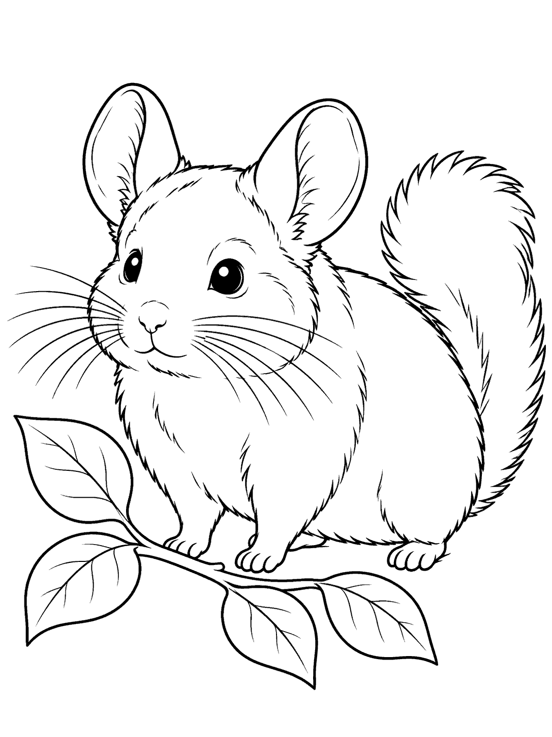 Chinchilla standing beside a leafy branch coloring page