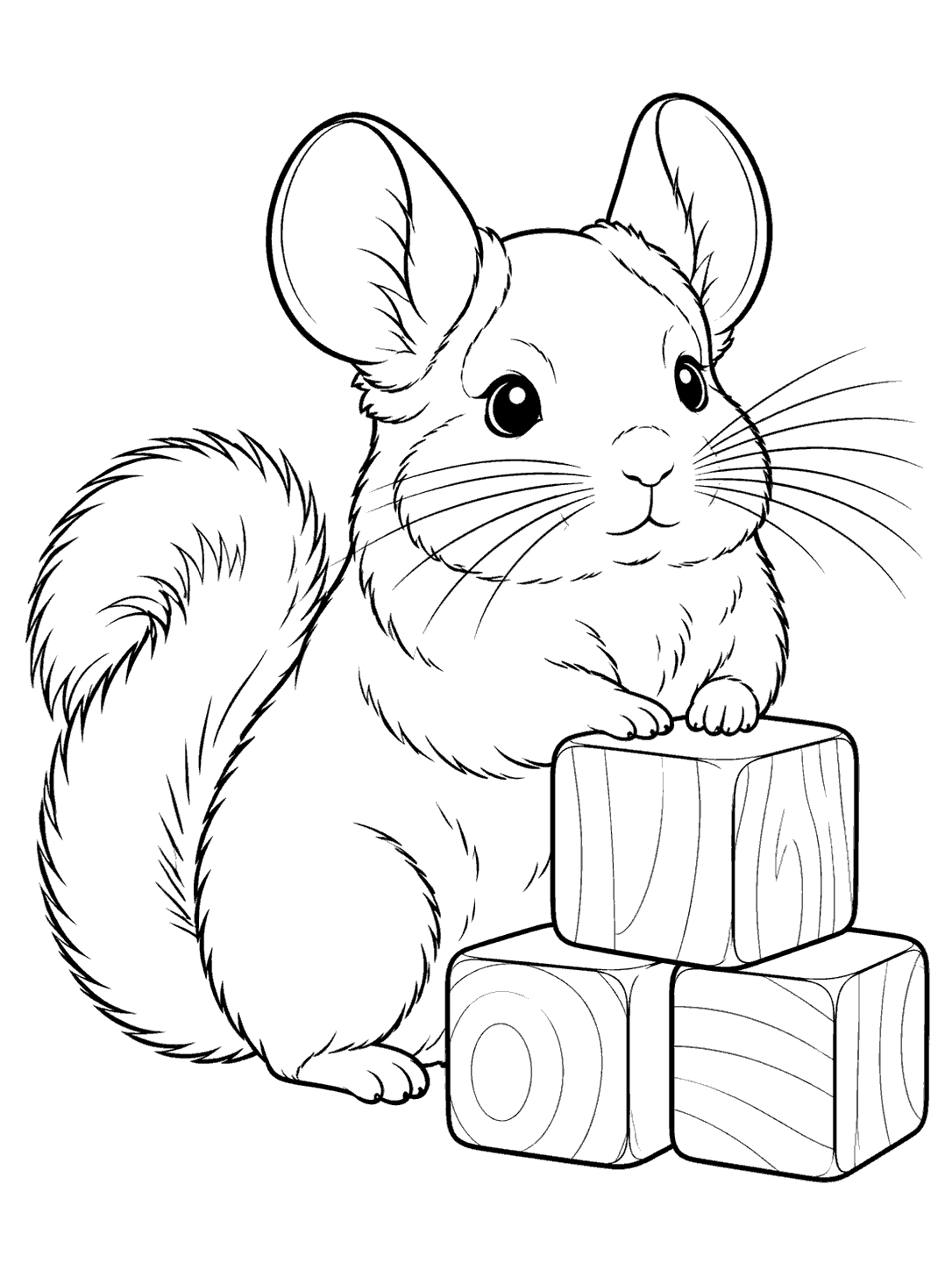 Chinchilla sitting beside three wooden toy blocks coloring page