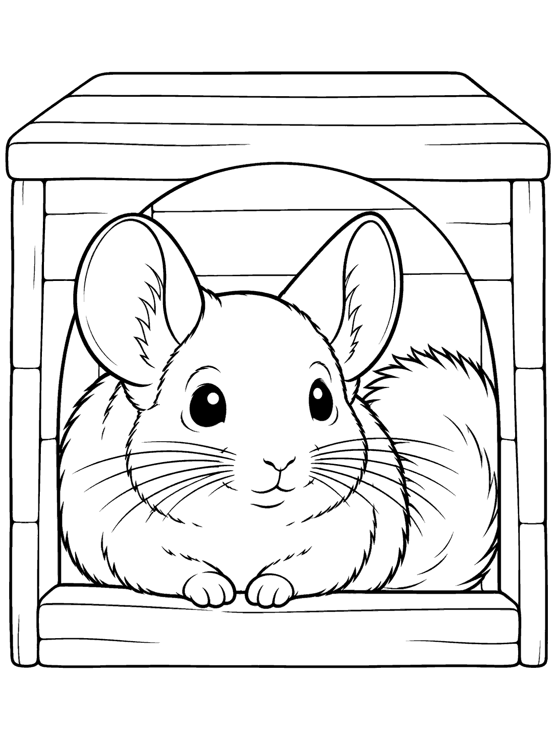 Chinchilla inside wooden hideaway coloring page