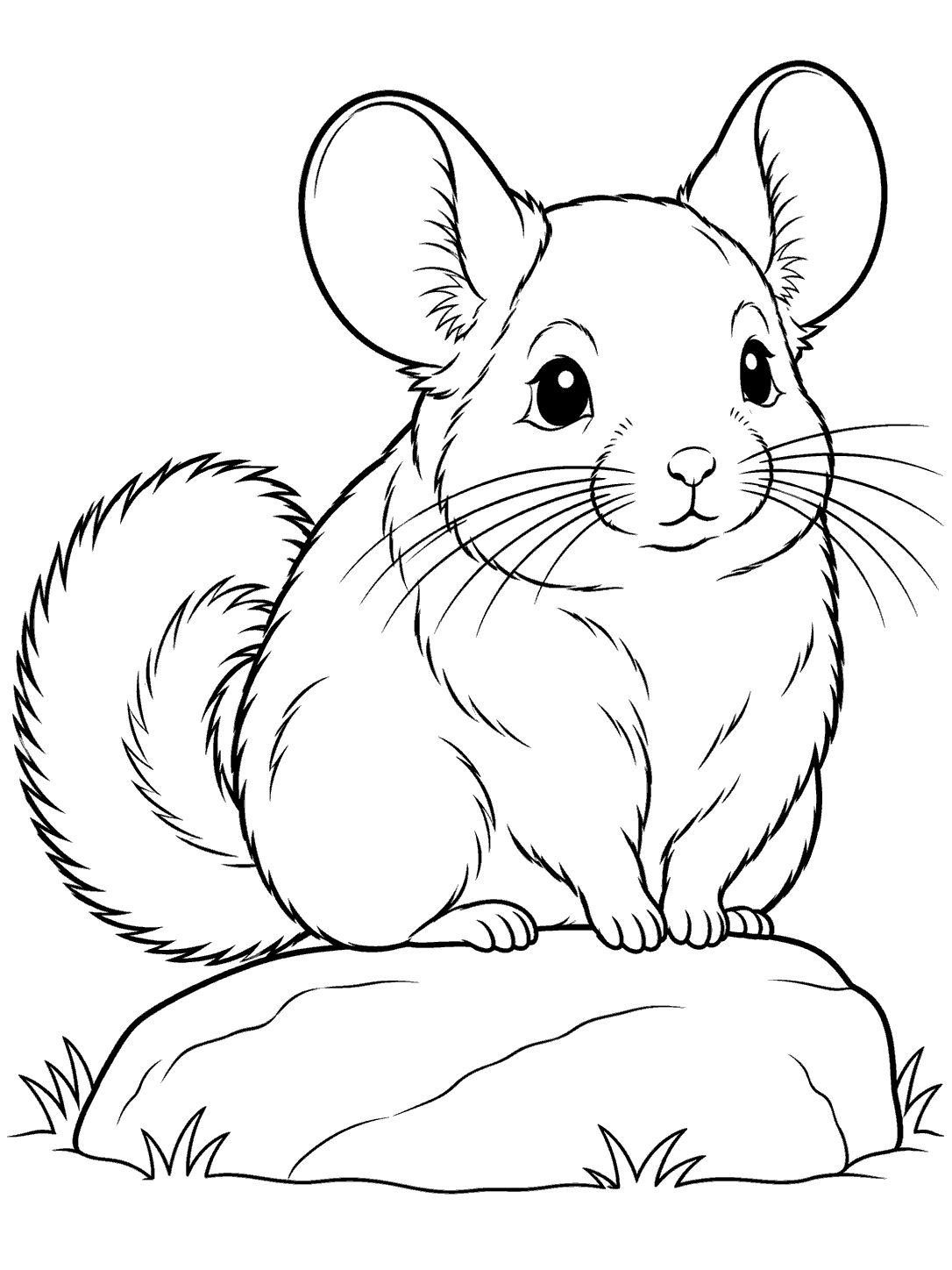 Black-and-white coloring page of a chinchilla with large rounded ears and a curled bushy tail sitting on a wide rock.