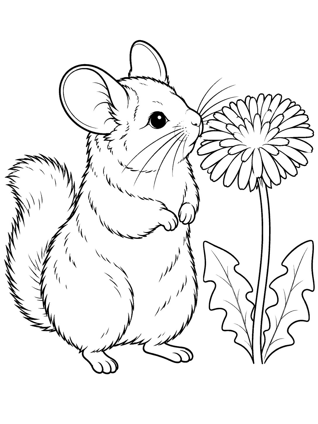 Black and white coloring page showing a standing chinchilla sniffing a large dandelion with two broad leaves.