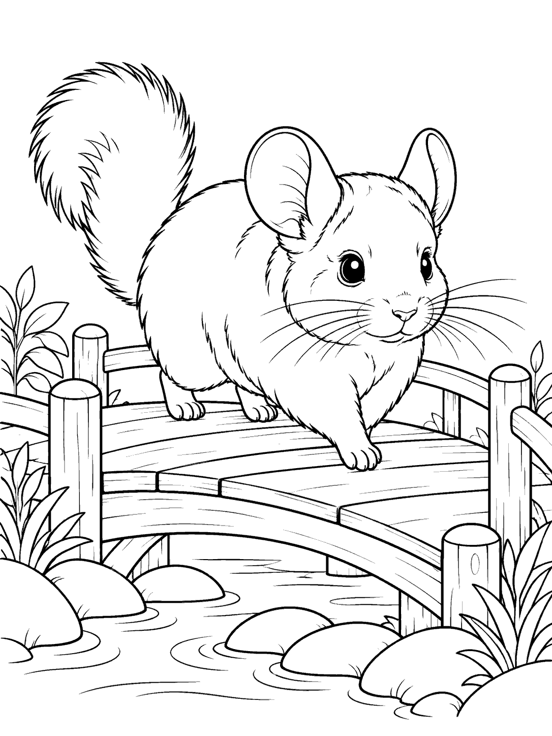 Black and white coloring page of a bushy-tailed chinchilla crossing a wooden footbridge over a stream.