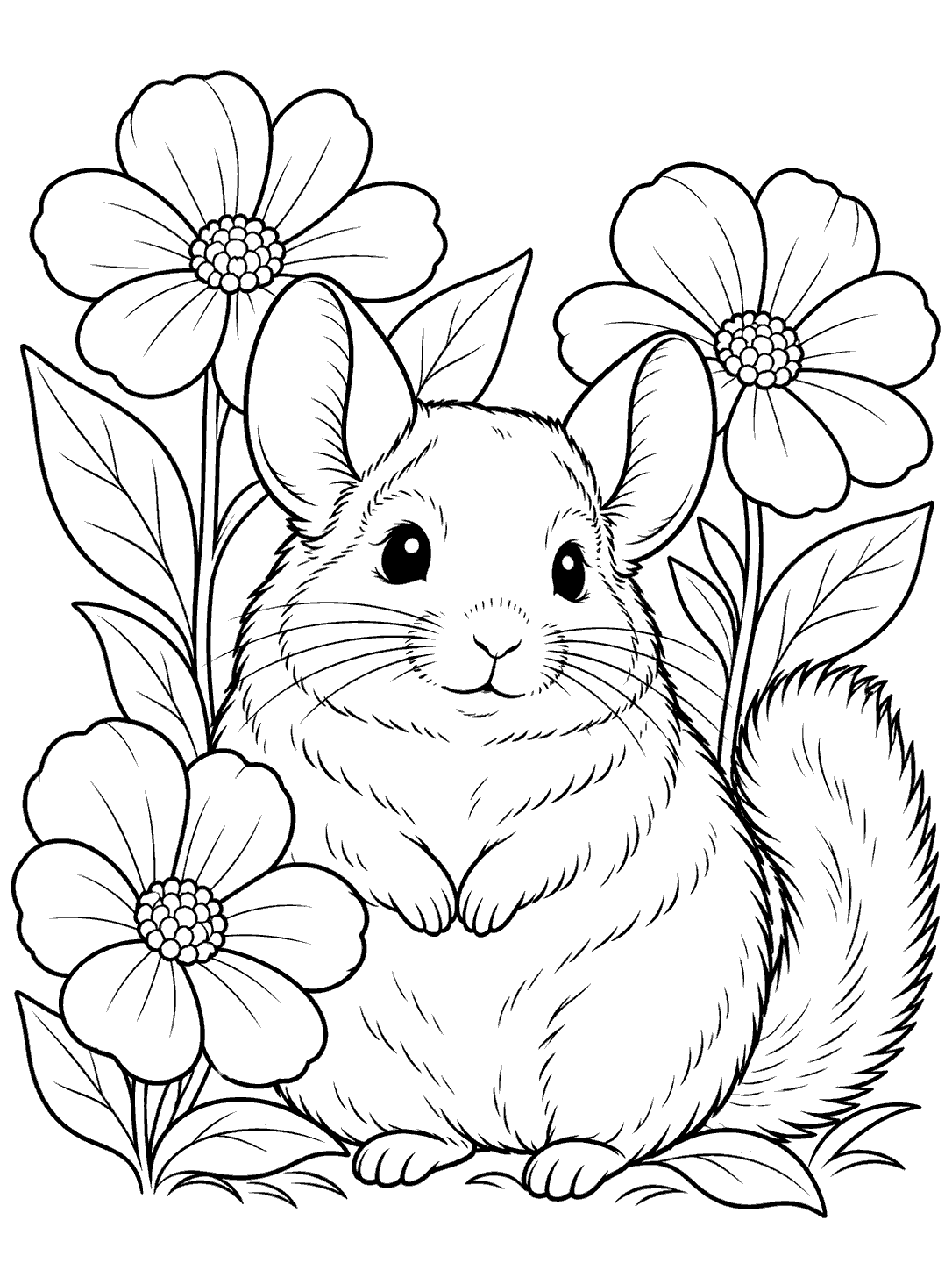 Seated chinchilla among three flowers coloring page