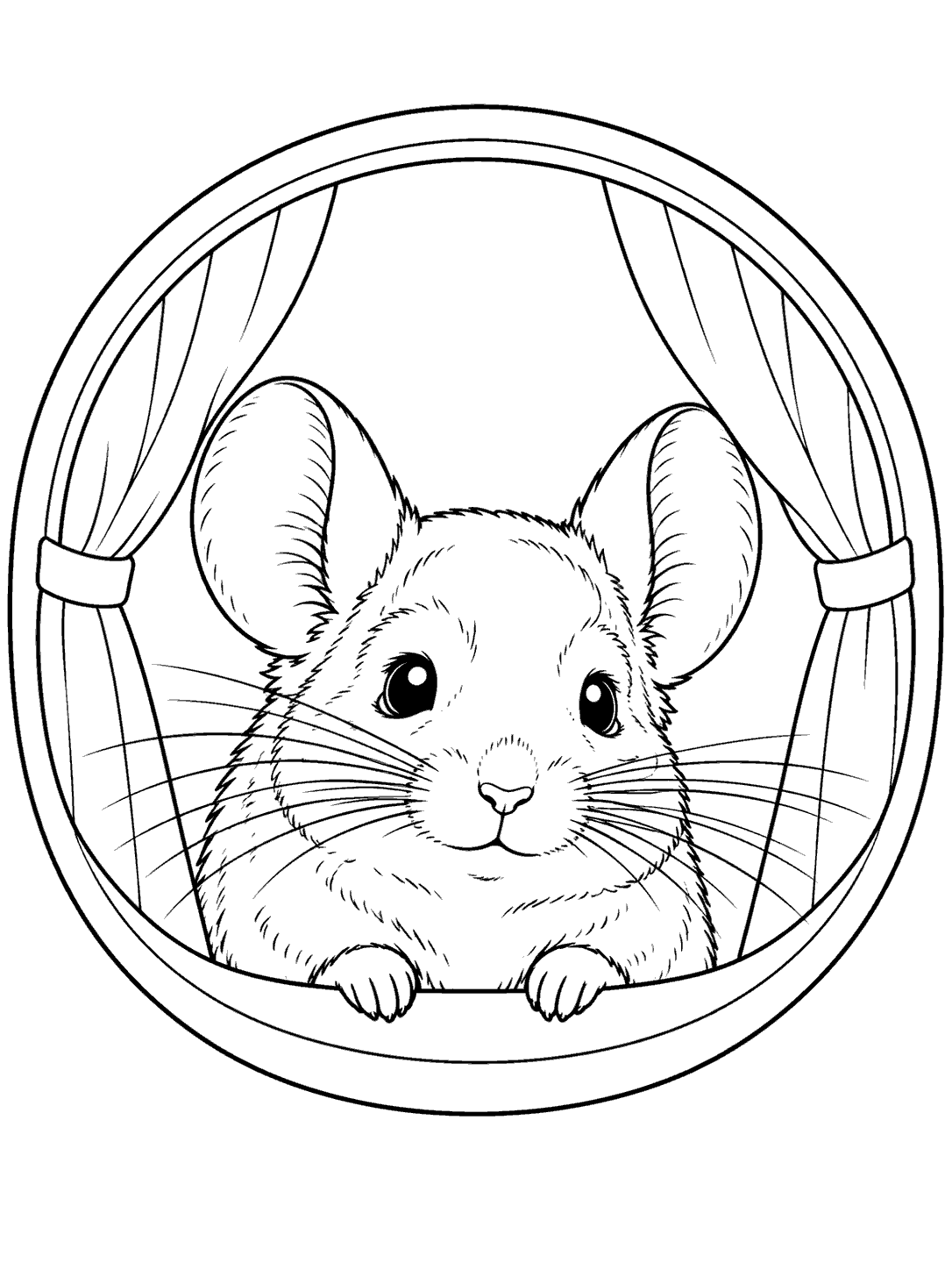 Chinchilla with rounded ears, wide eyes, whiskers, and forepaws looking through a circular window with curtains, in a black-and-white coloring page.