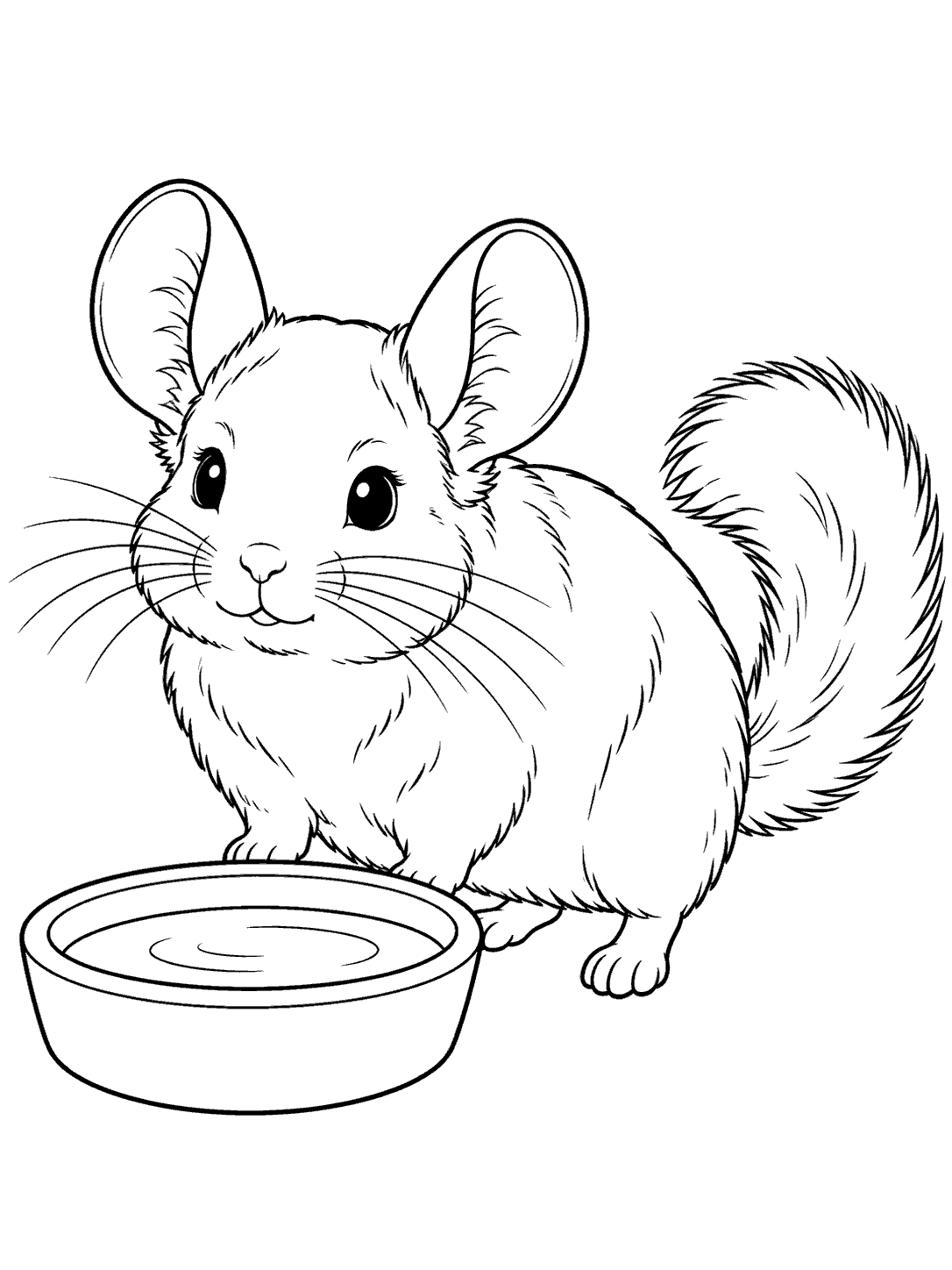 Chinchilla beside a shallow water bowl coloring page