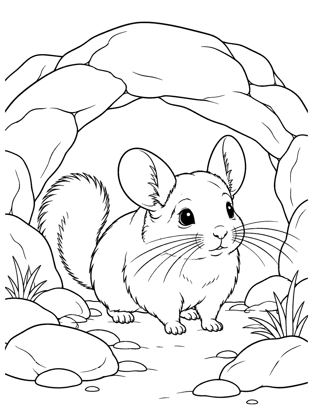 Black outline coloring page of a chinchilla standing in front of a cave opening, surrounded by smooth rocks and small plants.