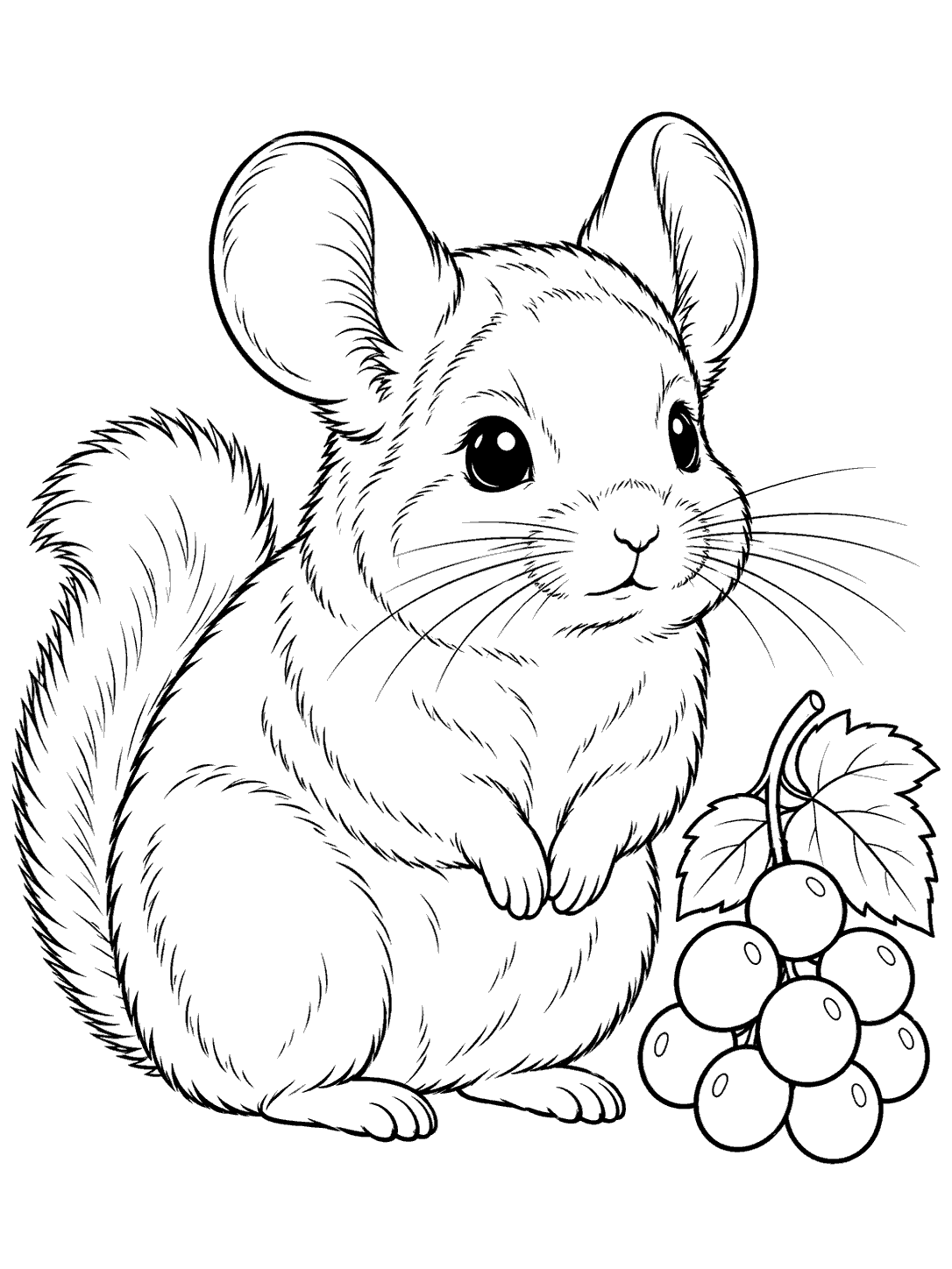 Black-outline coloring page of a seated chinchilla beside grapes and leaves