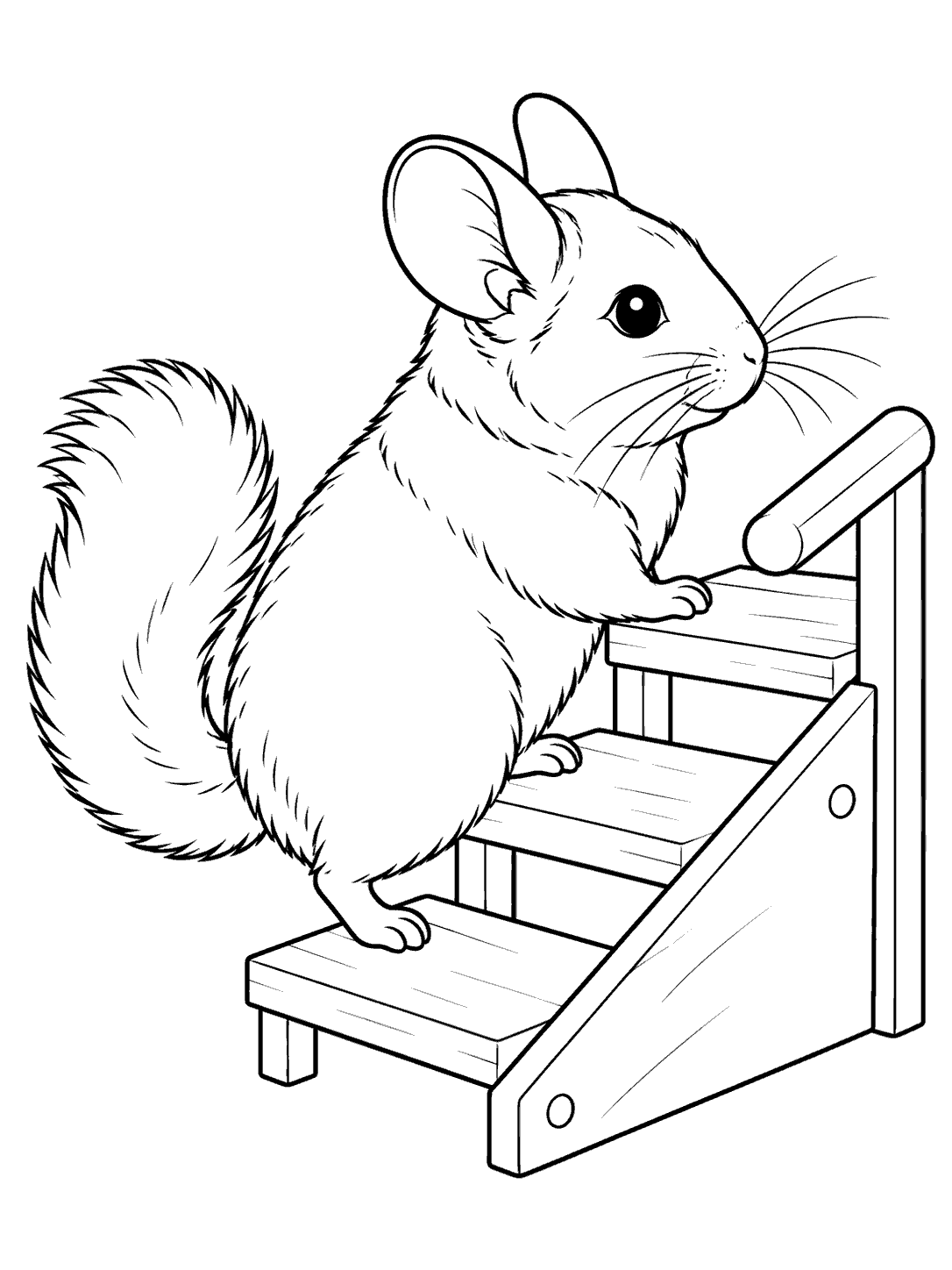 Black line art coloring page of a profile-view chinchilla climbing a three-step ramp with a side rail.