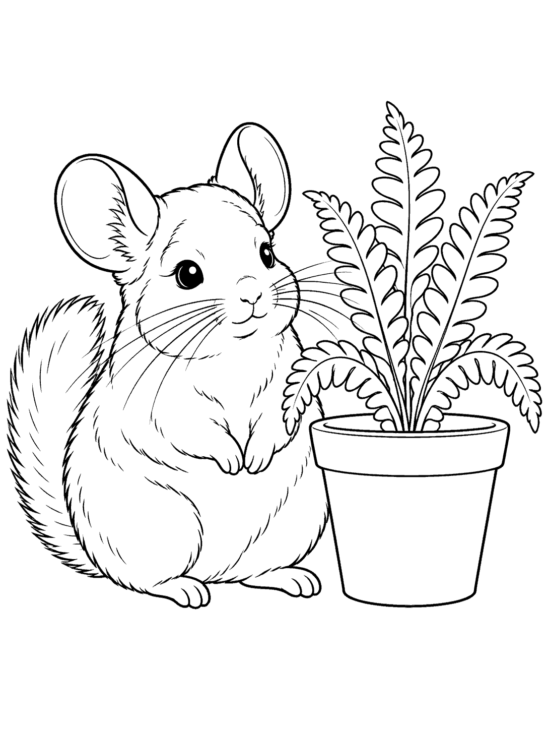 Chinchilla beside potted fern coloring page