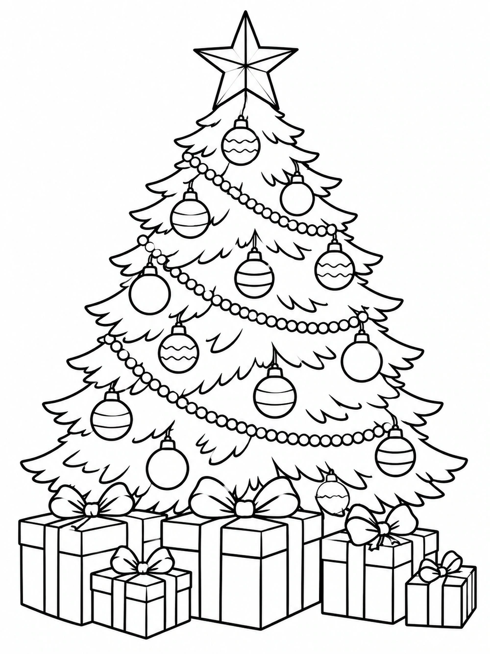 Christmas tree with ornaments, looping garland, wrapped presents, and a star