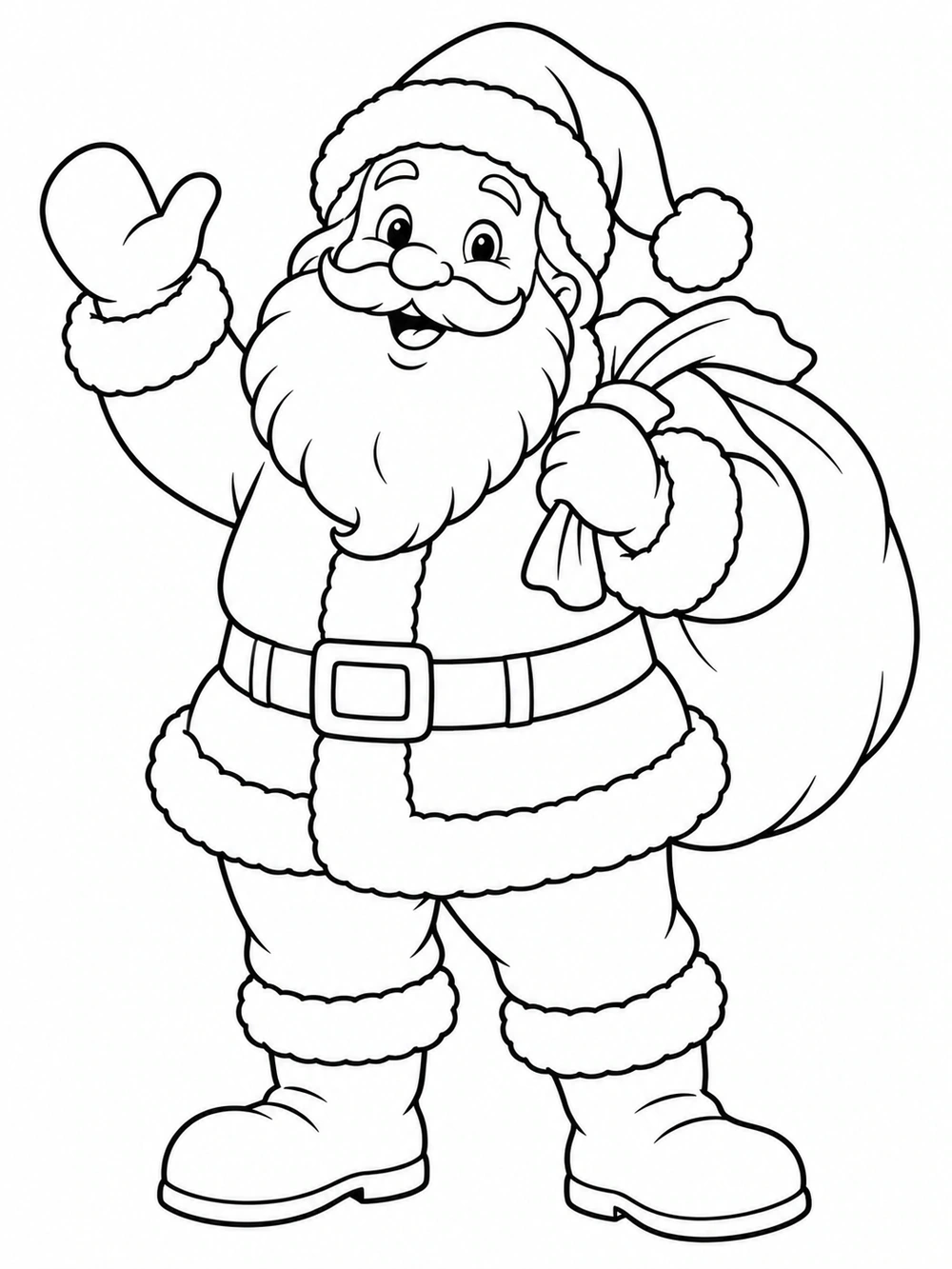 Smiling, full-body Santa waving beside a large tied sack
