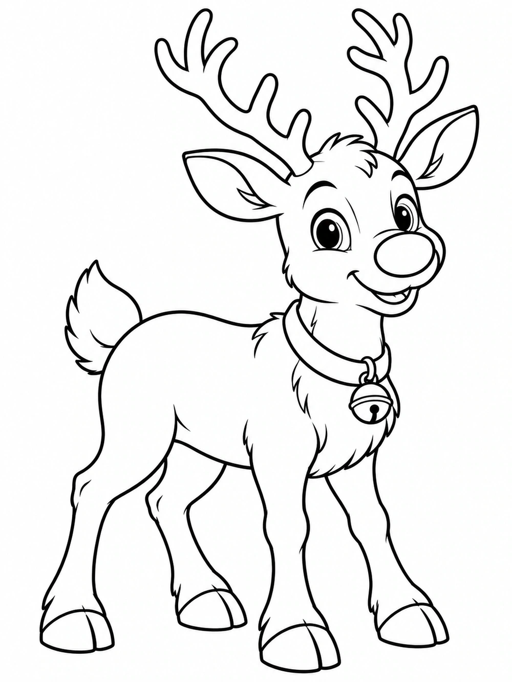 Friendly young reindeer with branching antlers, a large nose, hooves, and a bell collar.