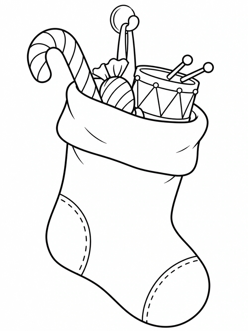 Black-and-white outline coloring page of a large Christmas stocking hanging from a hook, with a candy cane, wrapped sweet, and toy drum peeking from its folded cuff.