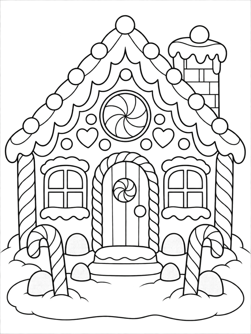 Large gingerbread cottage with an icing-scalloped roof, candy decorations, two windows, a door, and snowy ground.