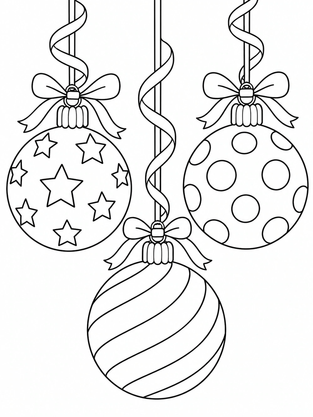 Three Christmas baubles with star, dot, and wide stripe patterns hanging from curling ribbons
