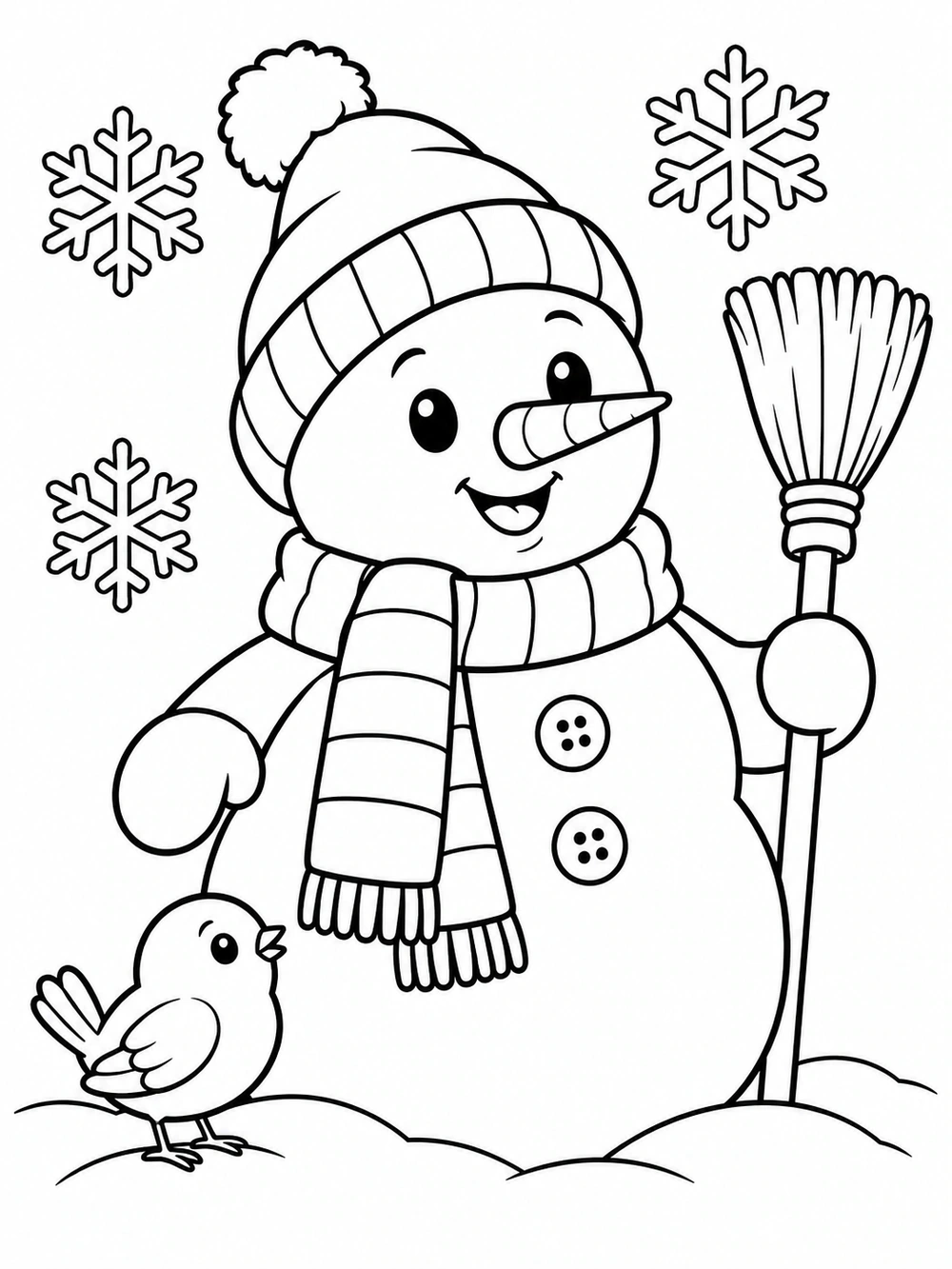 A smiling snowman in a hat and striped scarf, holding a broom as a small bird perches in the snow, with large snowflakes around them.