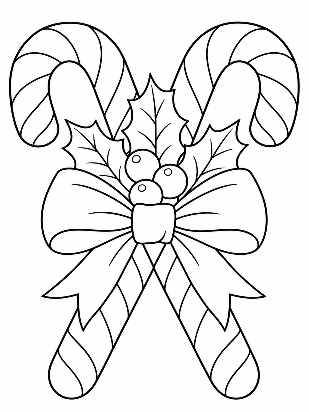 Two striped candy canes crossed behind a large bow, with holly leaves and berries at the center.