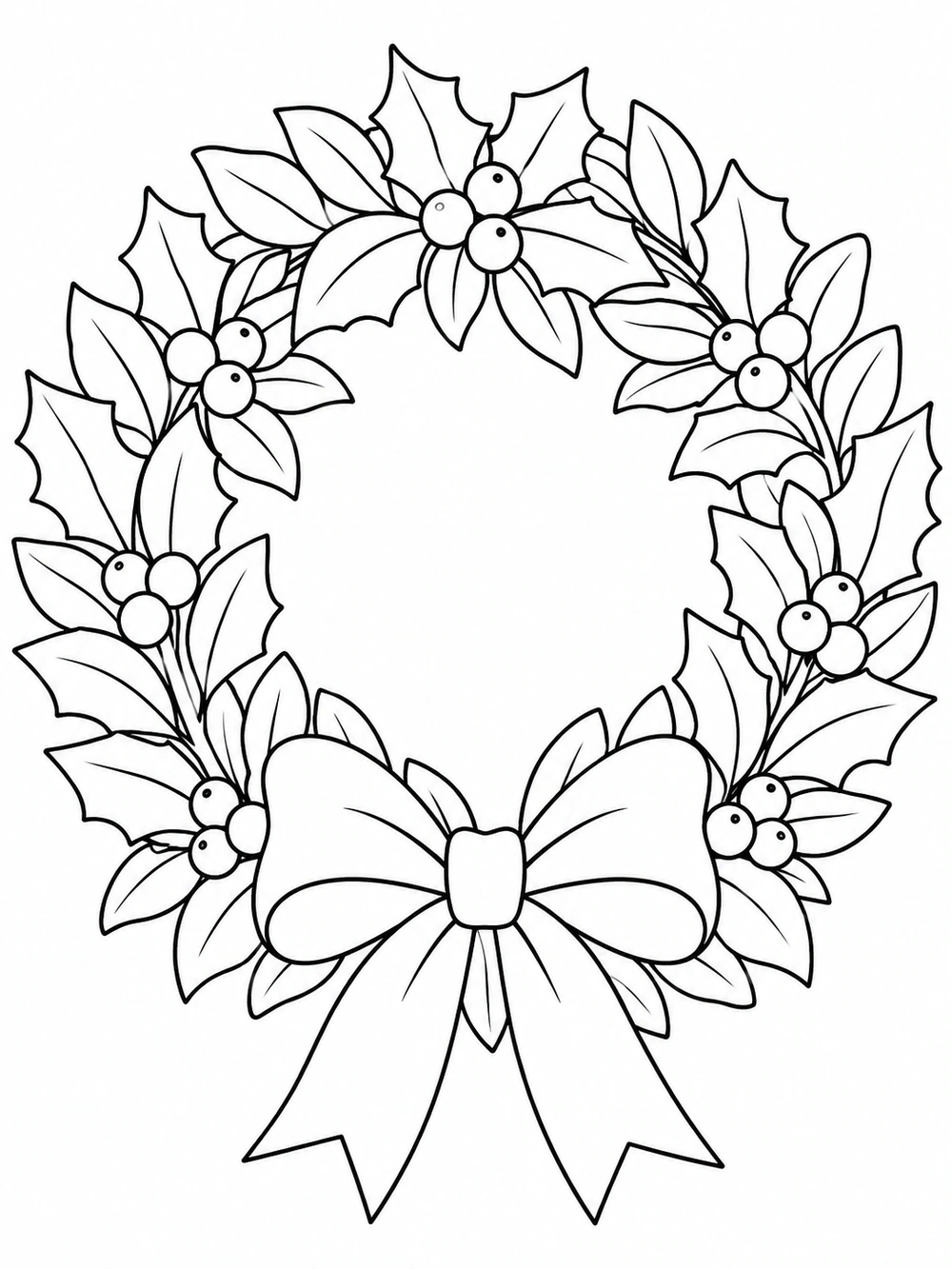 Round Christmas wreath with broad leaves, berry clusters, and a large bow at the bottom
