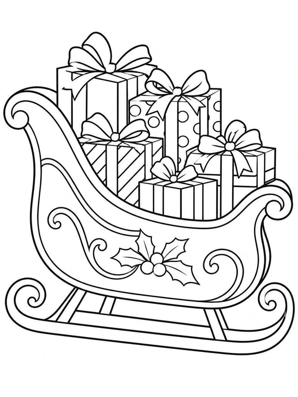 Ornate side-view sleigh with curved runners carrying several bow-topped presents
