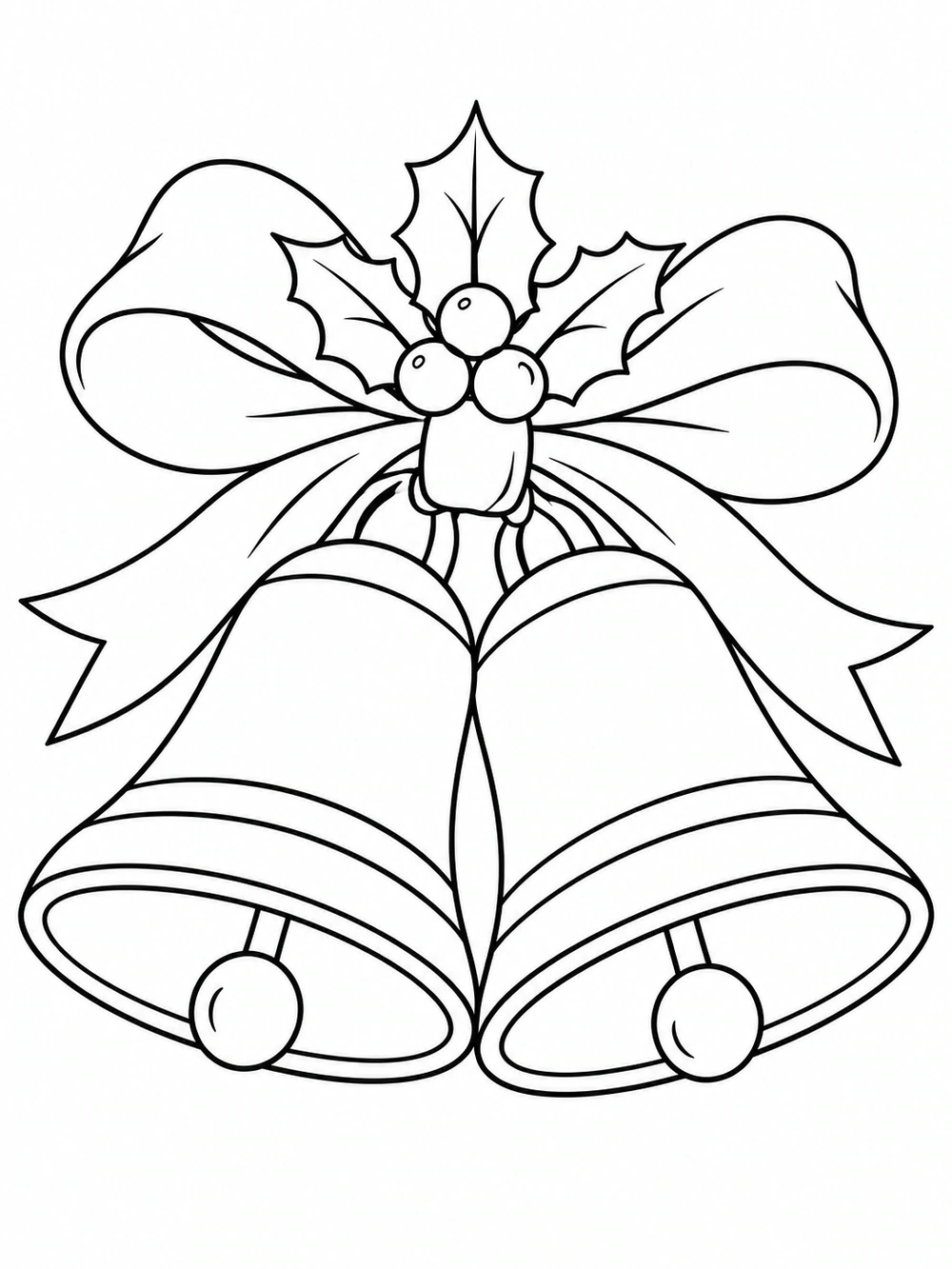Two large outlined Christmas bells with visible clappers and rims, tied together with a ribbon and holly at the knot.